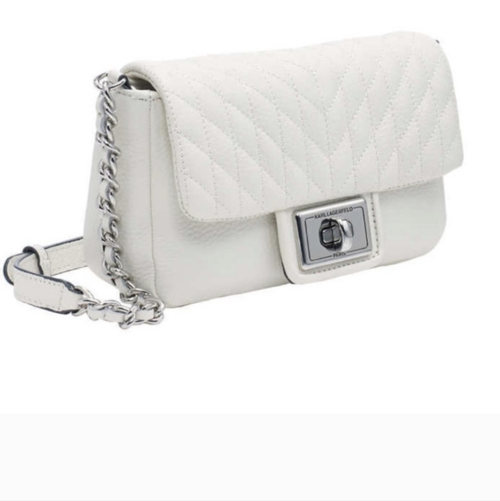 NWT Karl Lagerfeld Paris Agyness White and silver leather crossbody purse